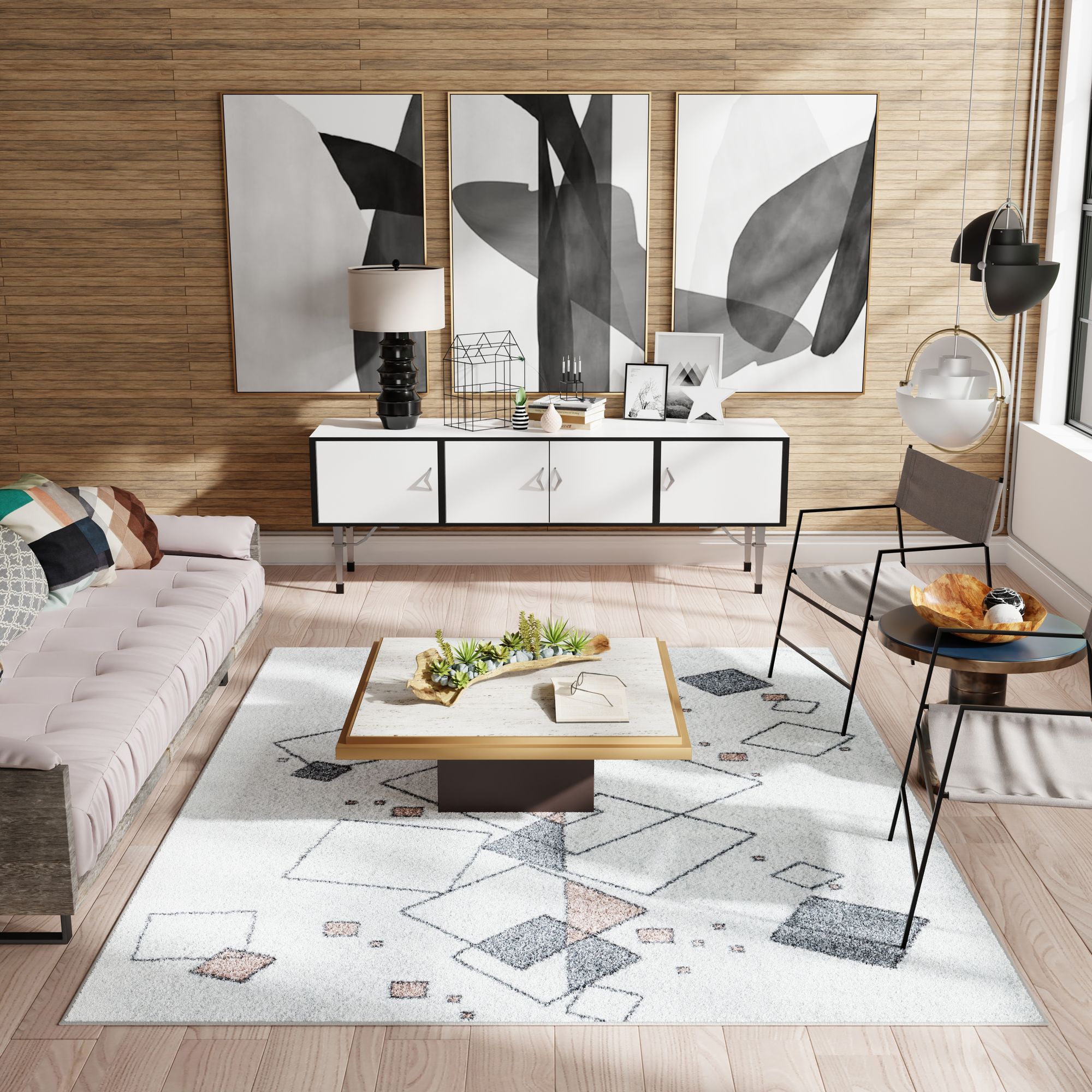 Modern living room with a white sofa, geometric-patterned rug, minimalist coffee table with a plant centerpiece, and white sideboard.