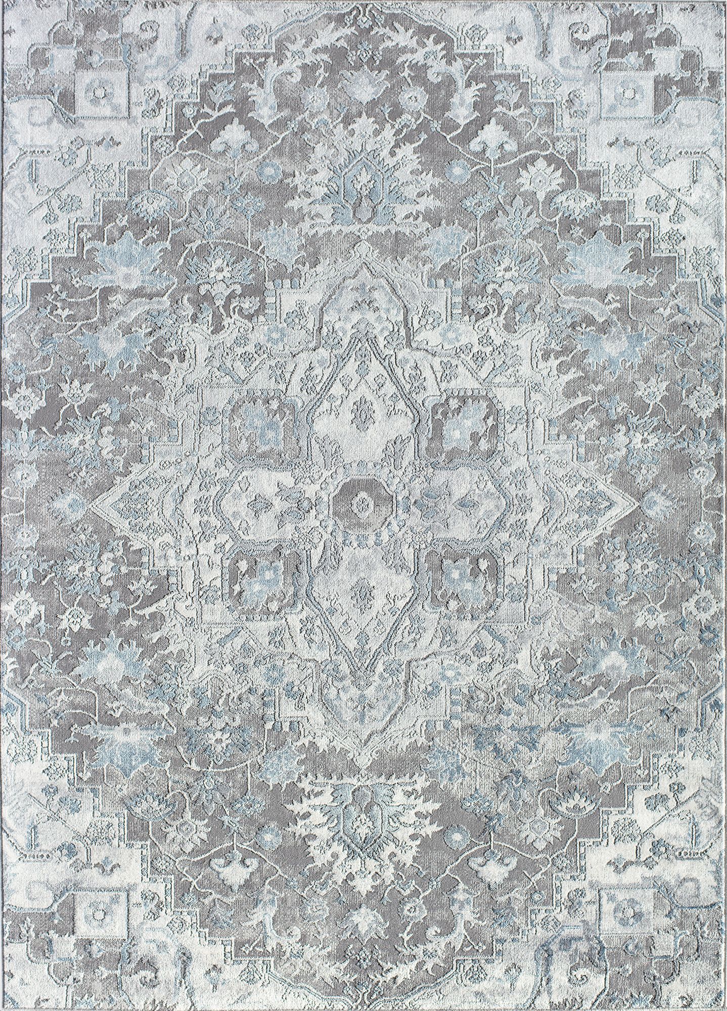 Detailed oriental rug with intricate patterns in various colors, displayed flat to showcase the full design.
