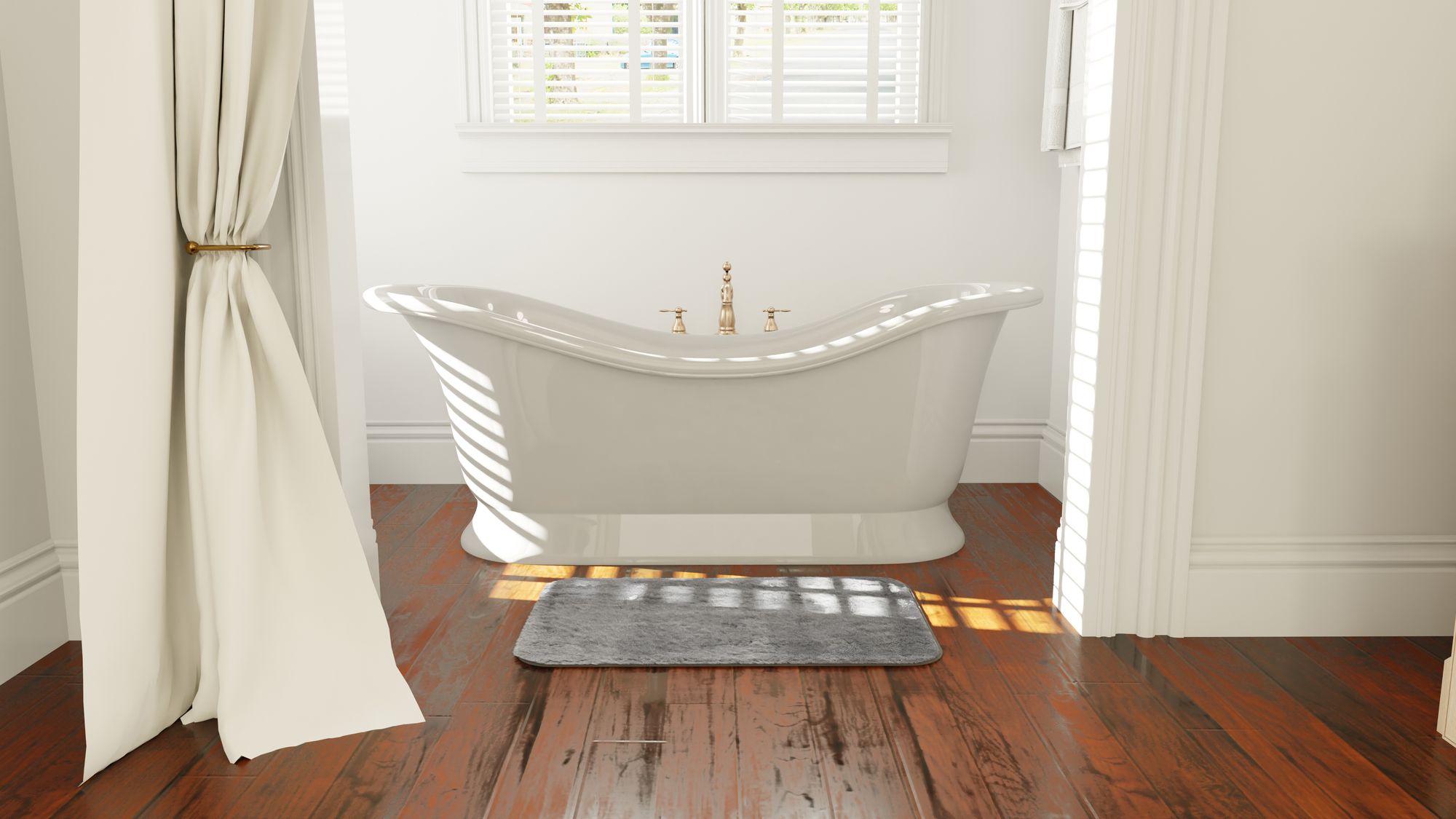 Elegant bathroom with a white clawfoot bathtub, sheer white curtains, wooden floor, and a dark gray bath mat placed in front of the tub.